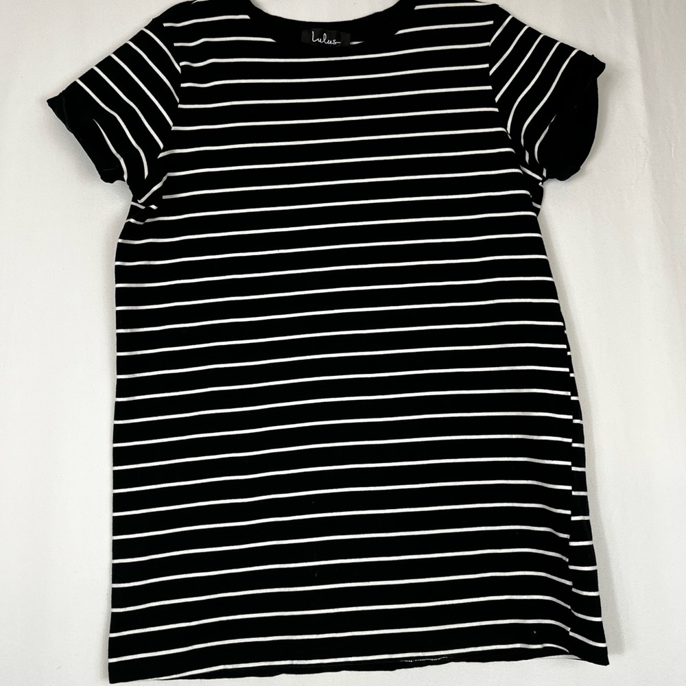 Womens Lulus Cafe Society Black Striped Shirt Dress Size L